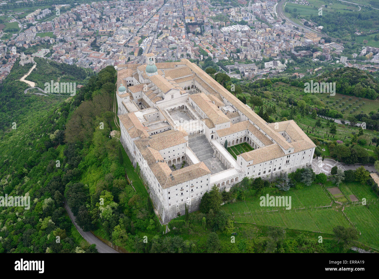 AERIAL VIEW. Montecassino Abbey overlooking the city of Cassino. Province of Frosinone, Lazio, Italy. Stock Photo