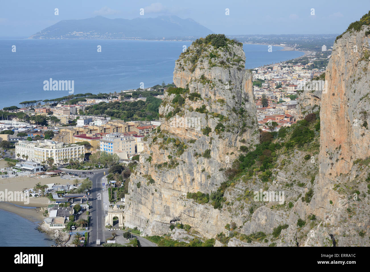 AERIAL VIEW. Limestone monolith of Pisco Montano overlooking the Mediterranean shore. Terracino, Province of Latina, Lazio, Italy. Stock Photo