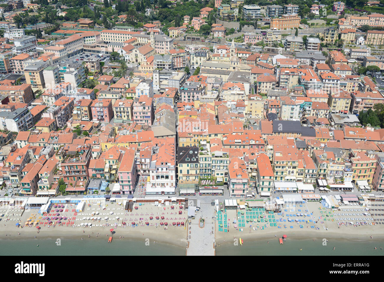 AERIAL VIEW. Seaside resort of Alassio with its sandy beaches. Province of Savona, Liguria, Italy. Stock Photo