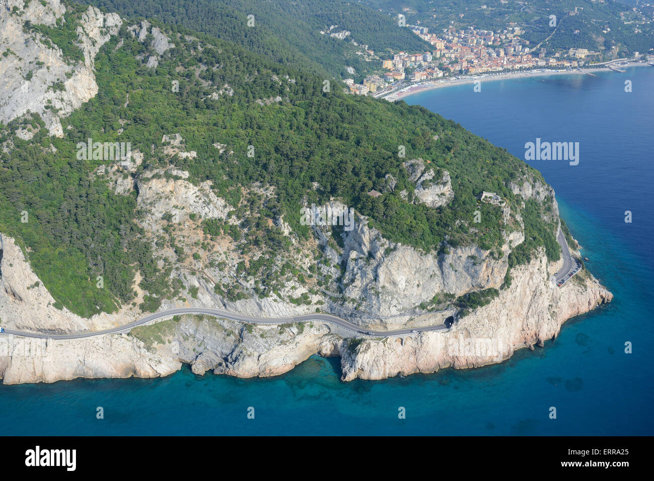 VERTIGINOUS CLIFF OF CAPO NOLI (aerial view). Village of Noli in the