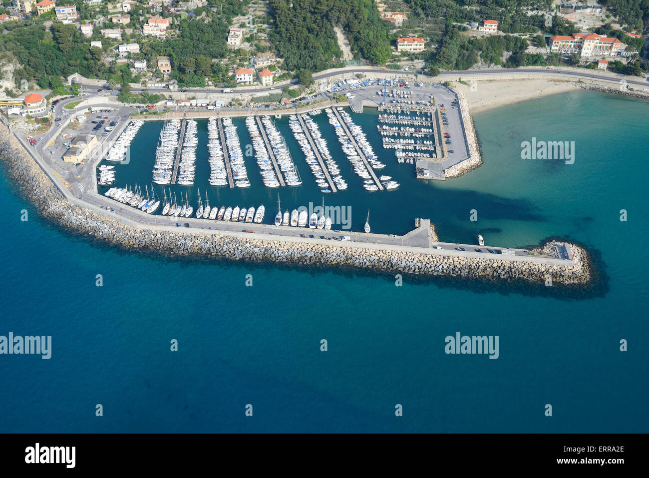 AERIAL VIEW. Marina of Finale Ligure. Province of Savona, Liguria, Italy. Stock Photo