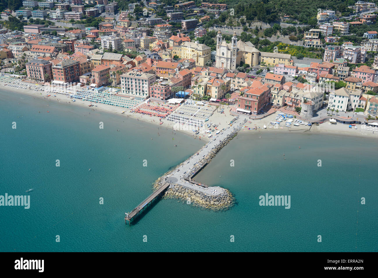 AERIAL VIEW. Wharf in Laigueglia, the town is labelled one of the most beautiful village in Italy. Province of Savona, Liguria, Italy. Stock Photo