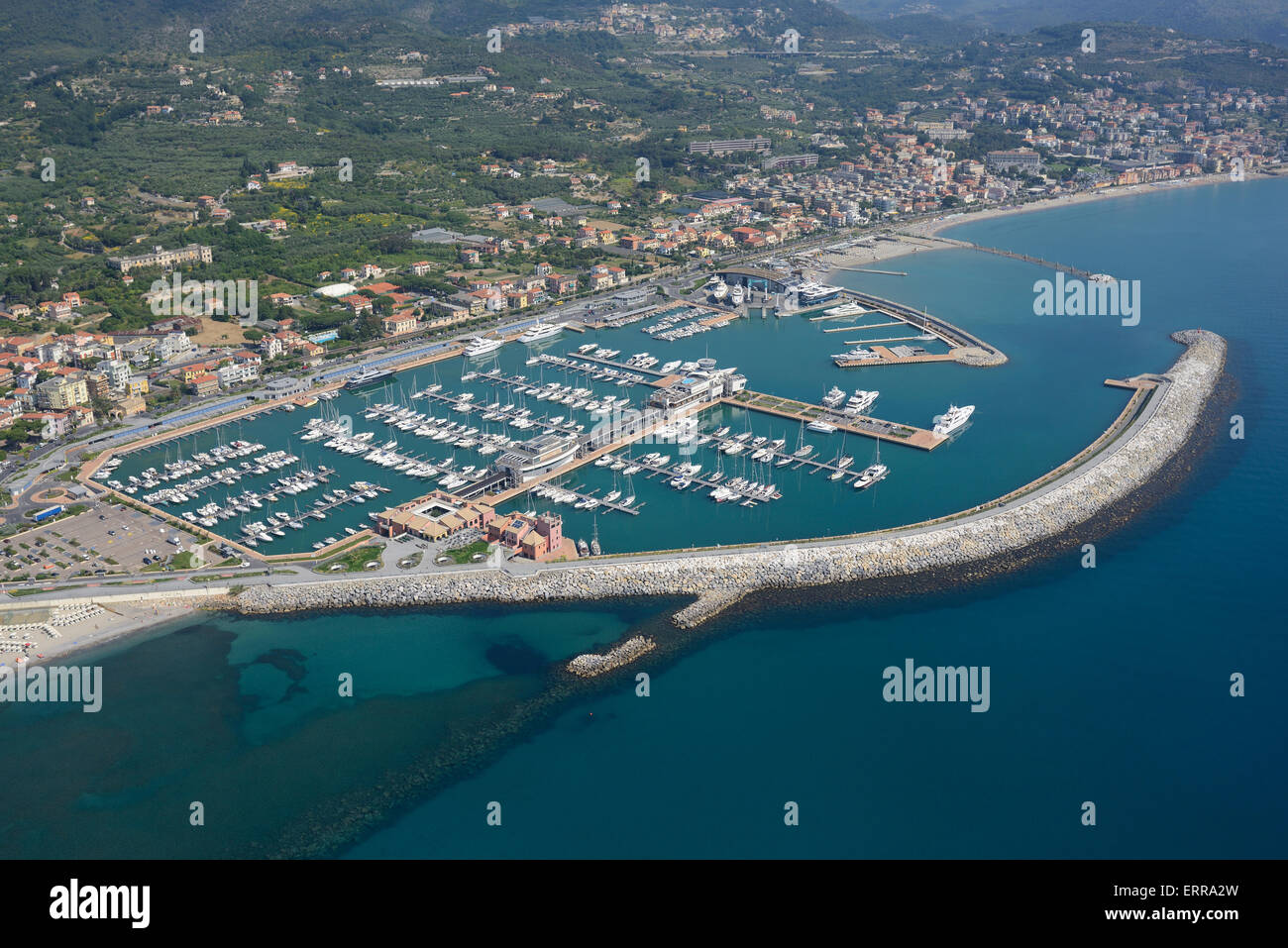 AERIAL VIEW. Marina of Loano. Province of Savona, Liguria, Italy. Stock Photo
