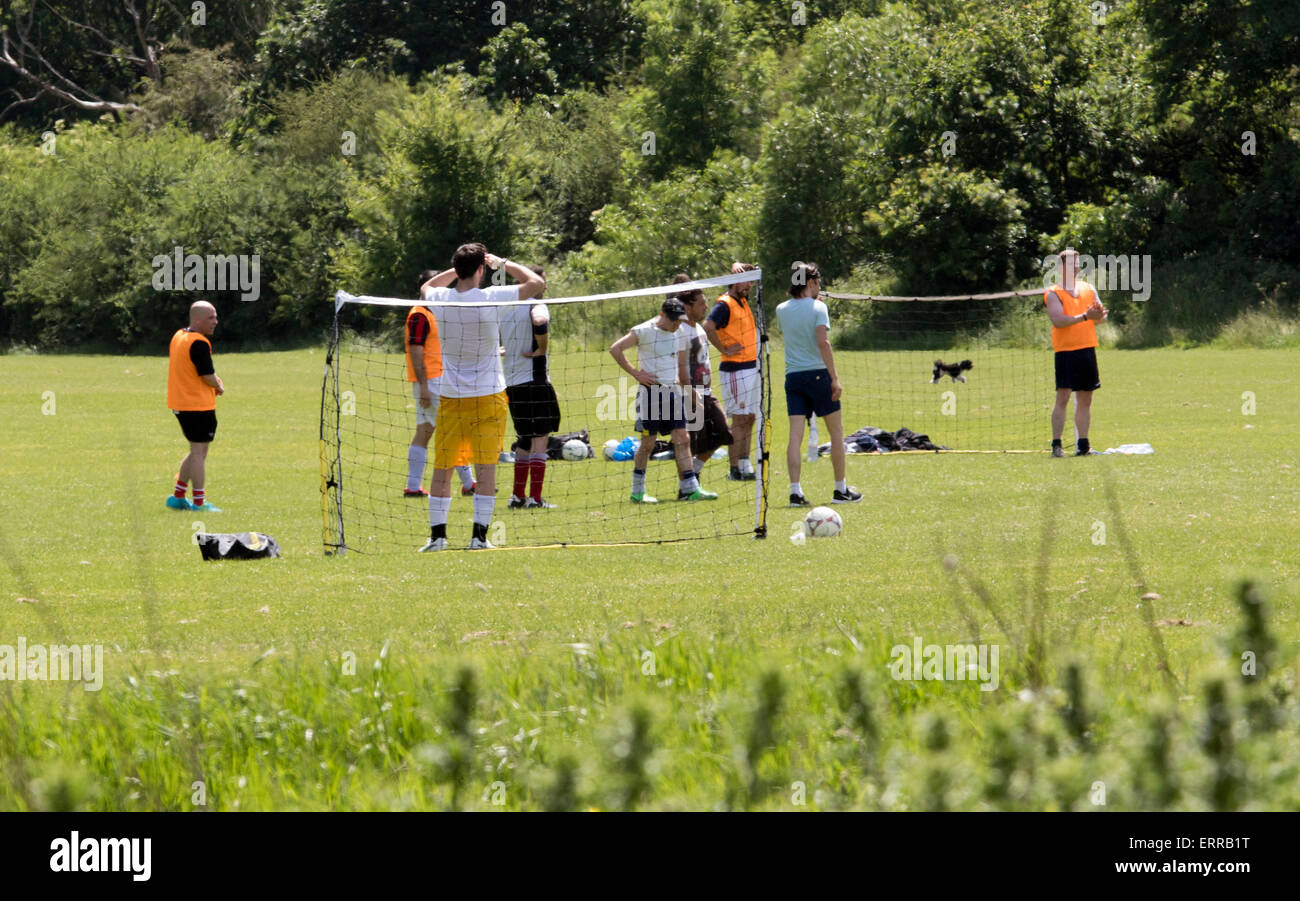 Football soccer in the park Hampstead Heath extension Stock Photo Alamy