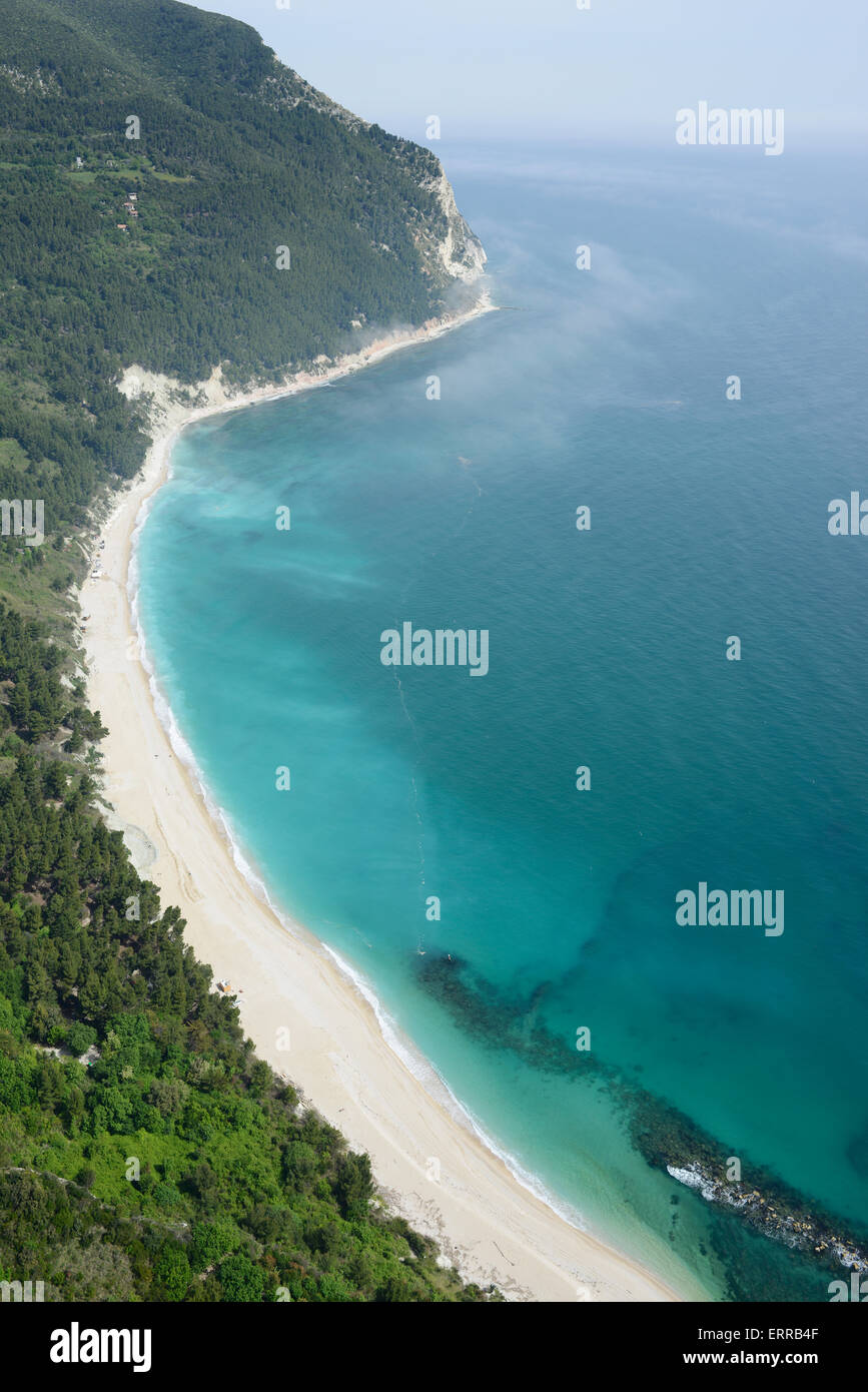 AERIAL VIEW. San Michele Beach on the Adriatic shores. Sirolo, Province of Ancona, Marche, Italy. Stock Photo