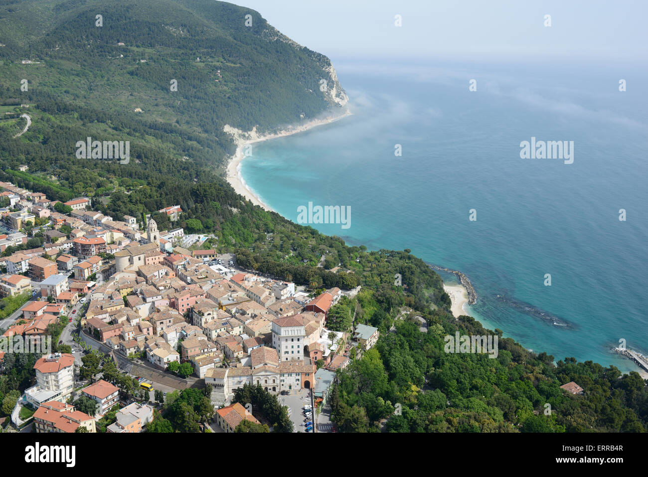 AERIAL VIEW. Picturesque village in a natural setting overlooking the Adriatic Sea. Sirolo, Province of Ancona, Marche, Italy. Stock Photo