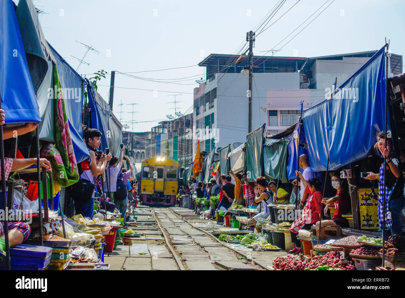 Thailand, Bangkok. Maeklong railroad tracks market (Train Market Stock ...