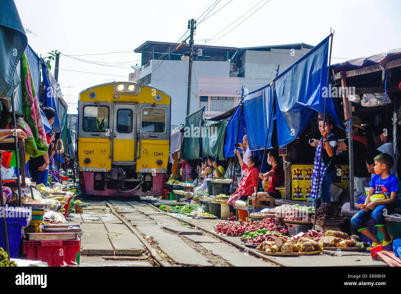 Thailand, Bangkok. Maeklong railroad tracks market (Train Market Stock ...