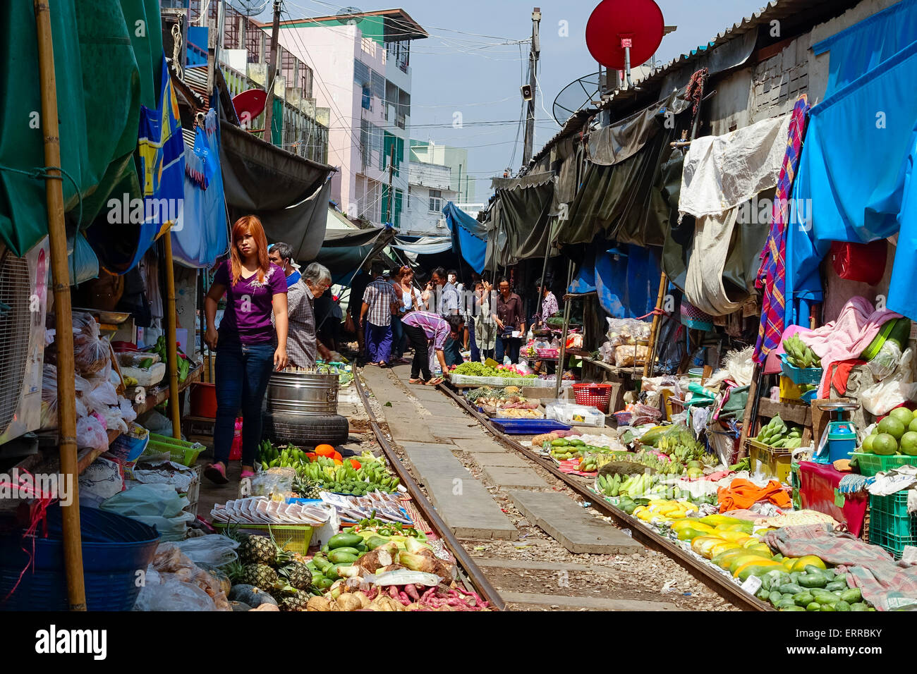 Thailand, Bangkok. Maeklong railroad tracks market (Train Market Stock ...