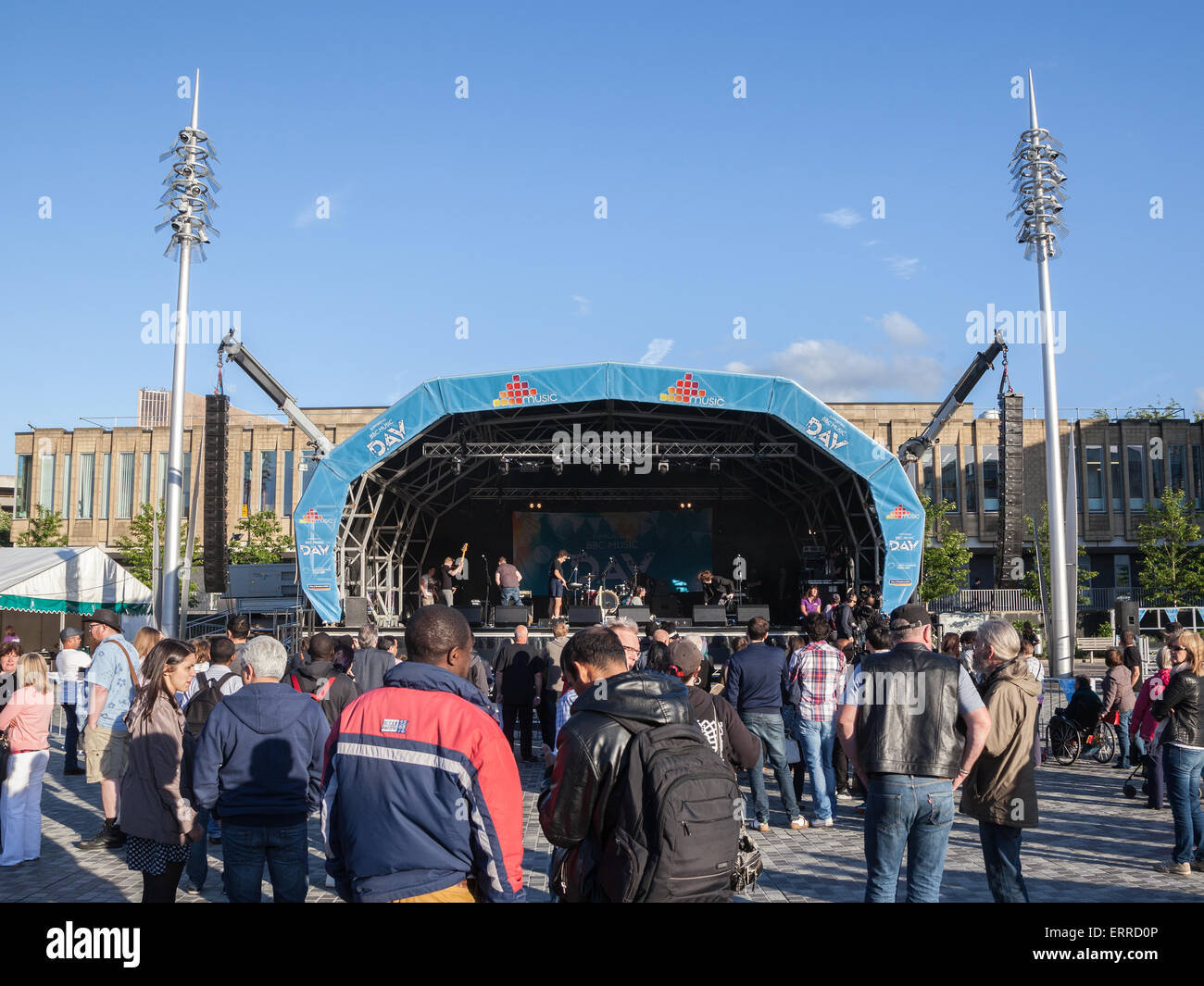 A view of the stage for Bradford's BBC Music Day. Stock Photo