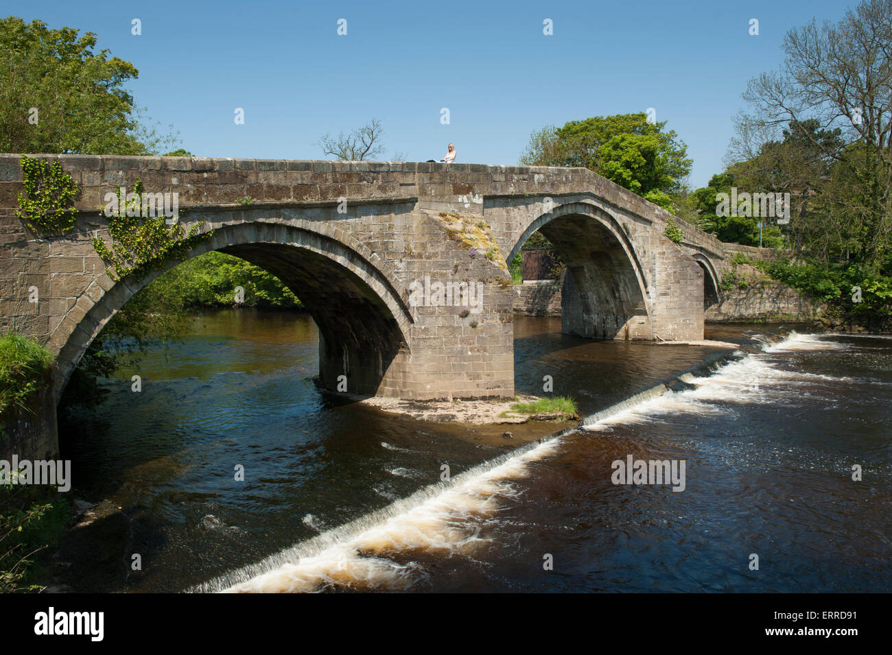 Woman crossing scenic River Wharfe on old stone packhorse bridge over flowing water & small weir - Old Bridge, Ilkley, West Yorkshire, England, UK. Stock Photo
