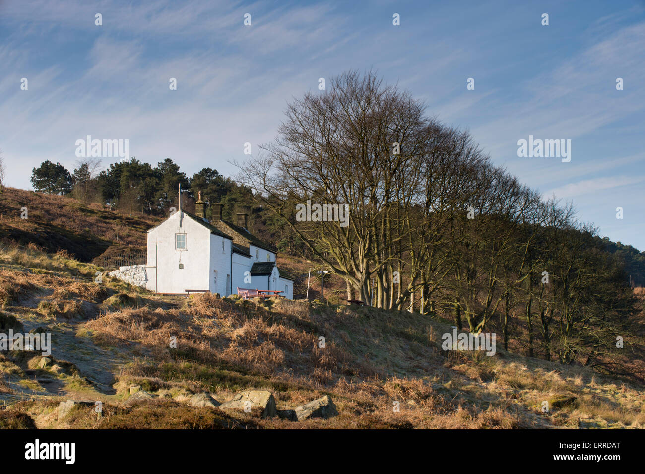 Sunlit under a blue sky, solitary & isolated, White Wells Spa Cottage, is perched high on a hillside slope - Ilkley Moor, West Yorkshire, England, UK. Stock Photo