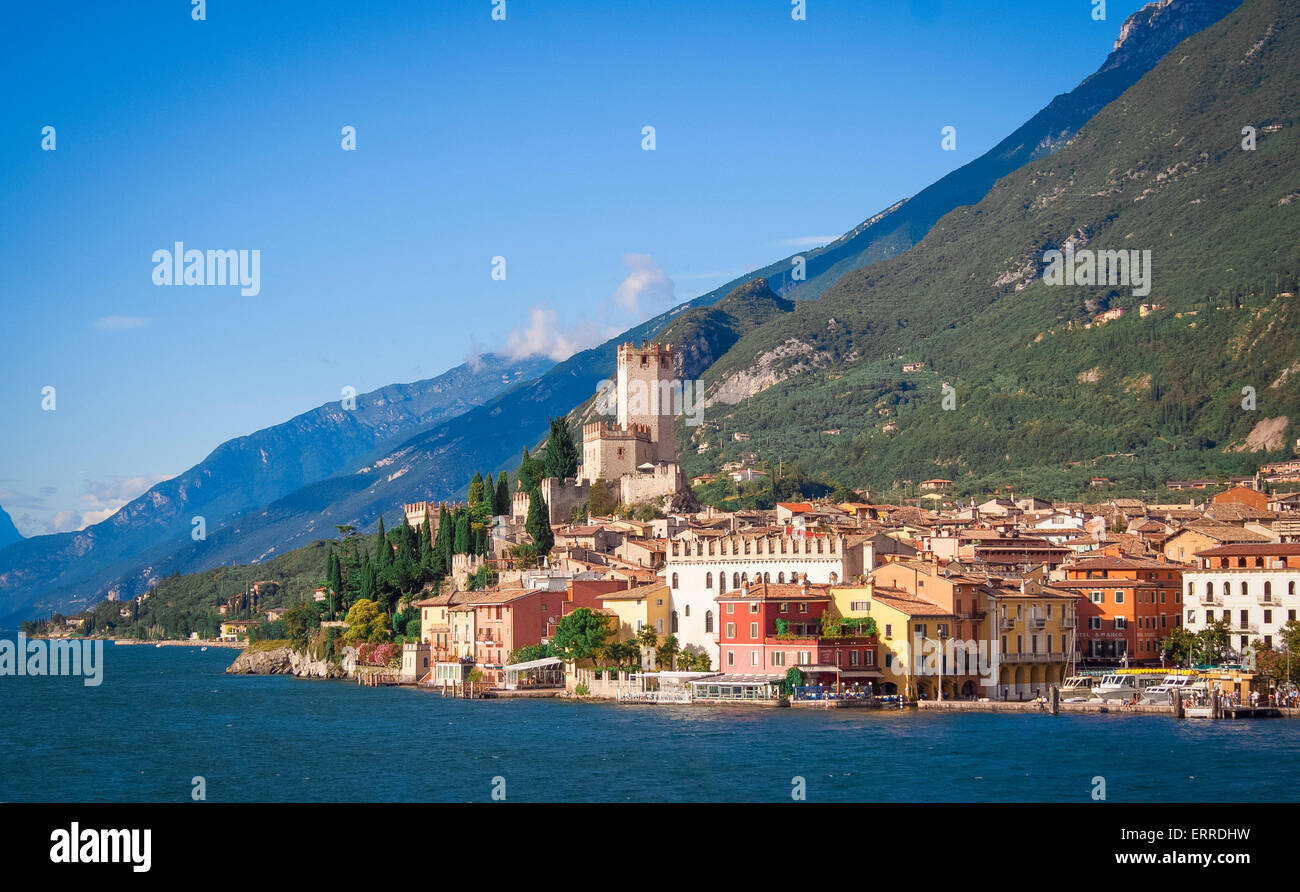 The town of Malcesine on Lake Garda, Italy, nestled at the base of the