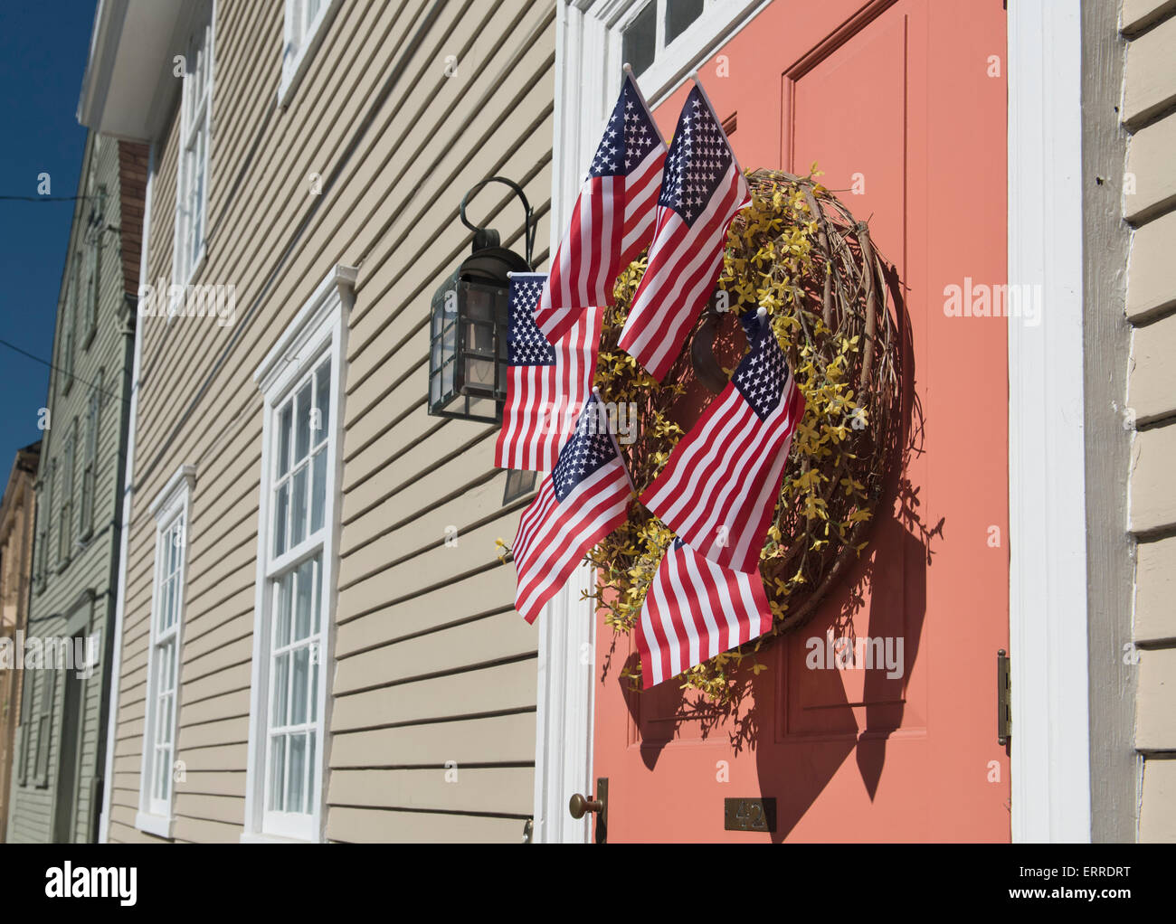 Wreath with flags on a door in Newport, Rhode Island during Memorial