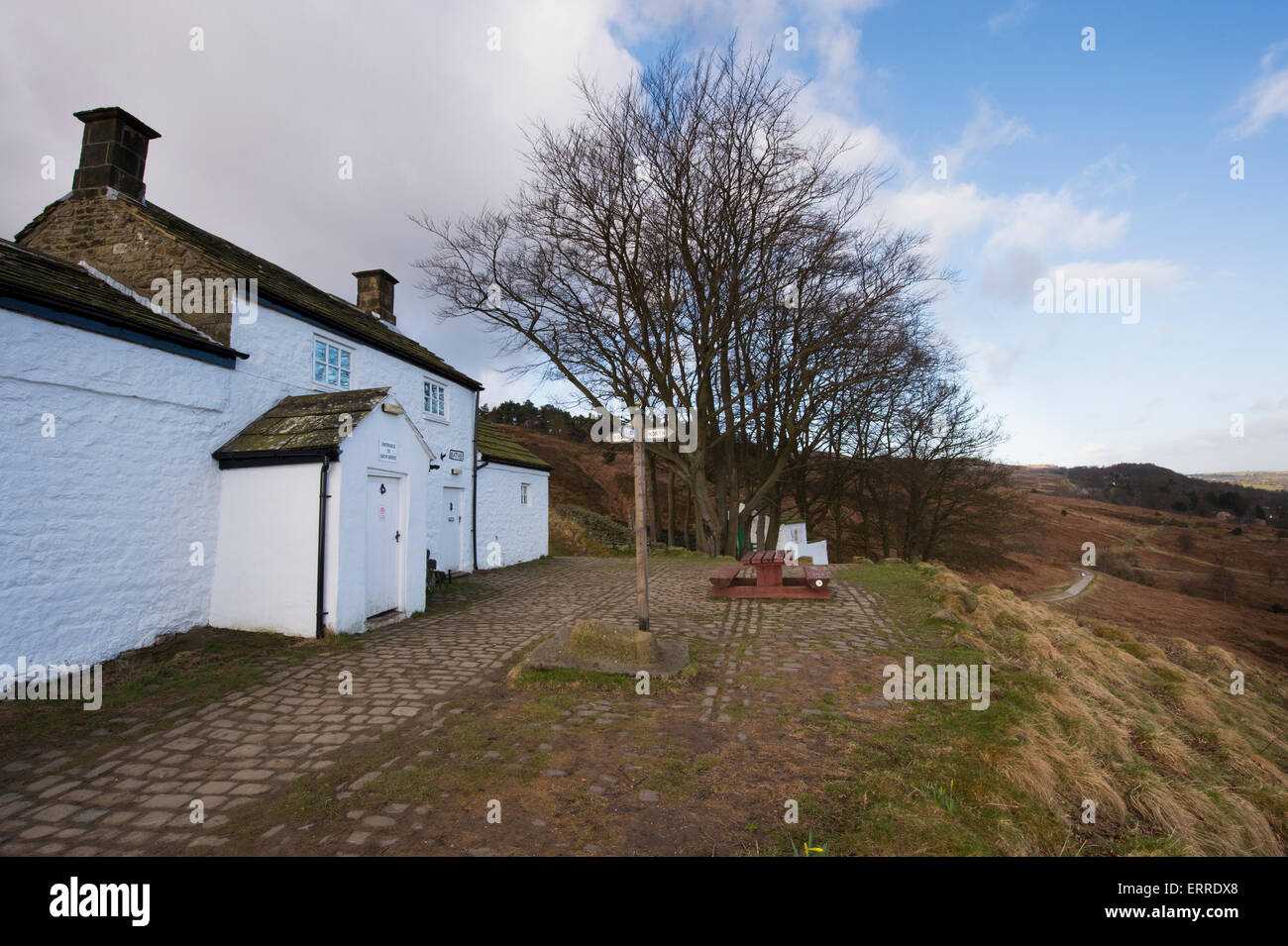 Under blue sky, rustic, solitary & isolated, White Wells Spa Cottage, is perched high on a hillside slope - Ilkley Moor, West Yorkshire, England, UK. Stock Photo