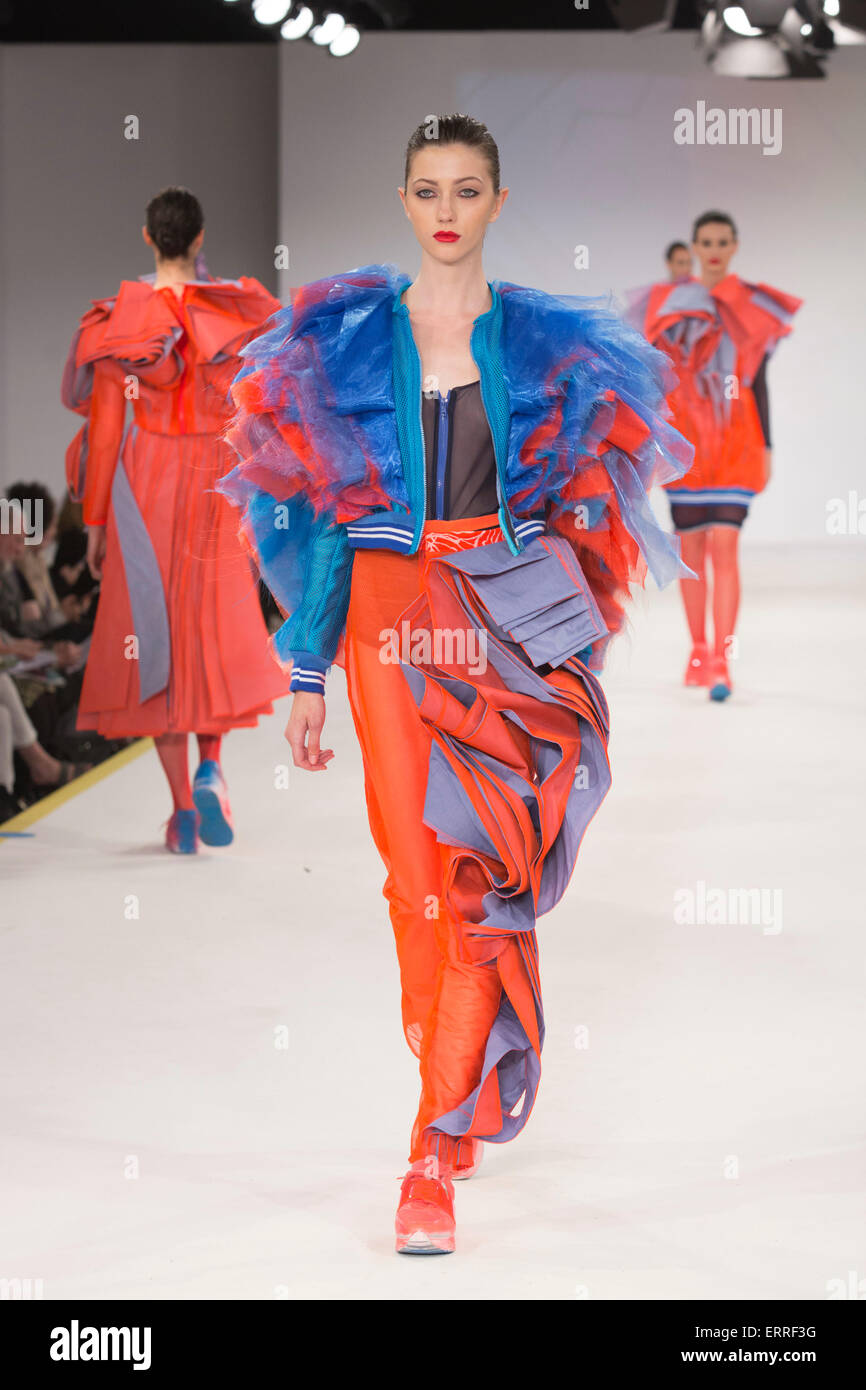 01/06/2015. London, UK. Collection by Melissa Obika. Fashion show of the Manchester School of Art at Graduate Fashion Week 2015. Graduate Fashion Week takes place from 30 May to 2 June 2015 at the Old Truman Brewery, Brick Lane. Stock Photo