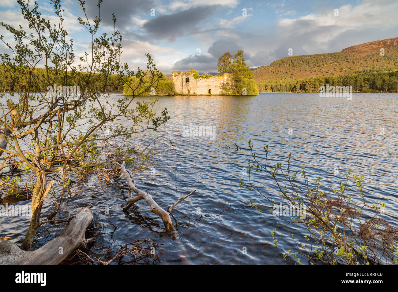 Castle Ruin on Loch an Eilein in the Cairngorms National Park of Scotland. Stock Photo