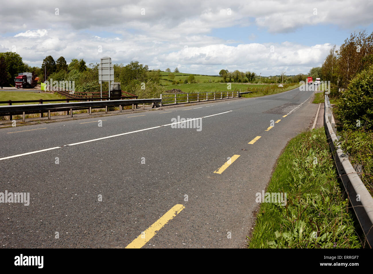 looking north on the border roads joining between county tyrone northern ireland and county monaghan the republic of ireland Stock Photo