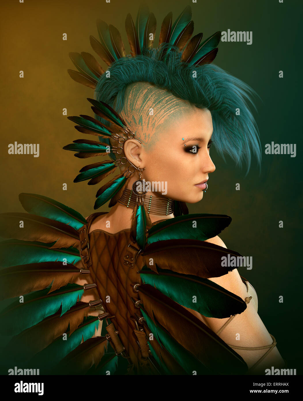 3d computer graphics of a young woman with feather jewelry and a Mohawk hairstyle Stock Photo