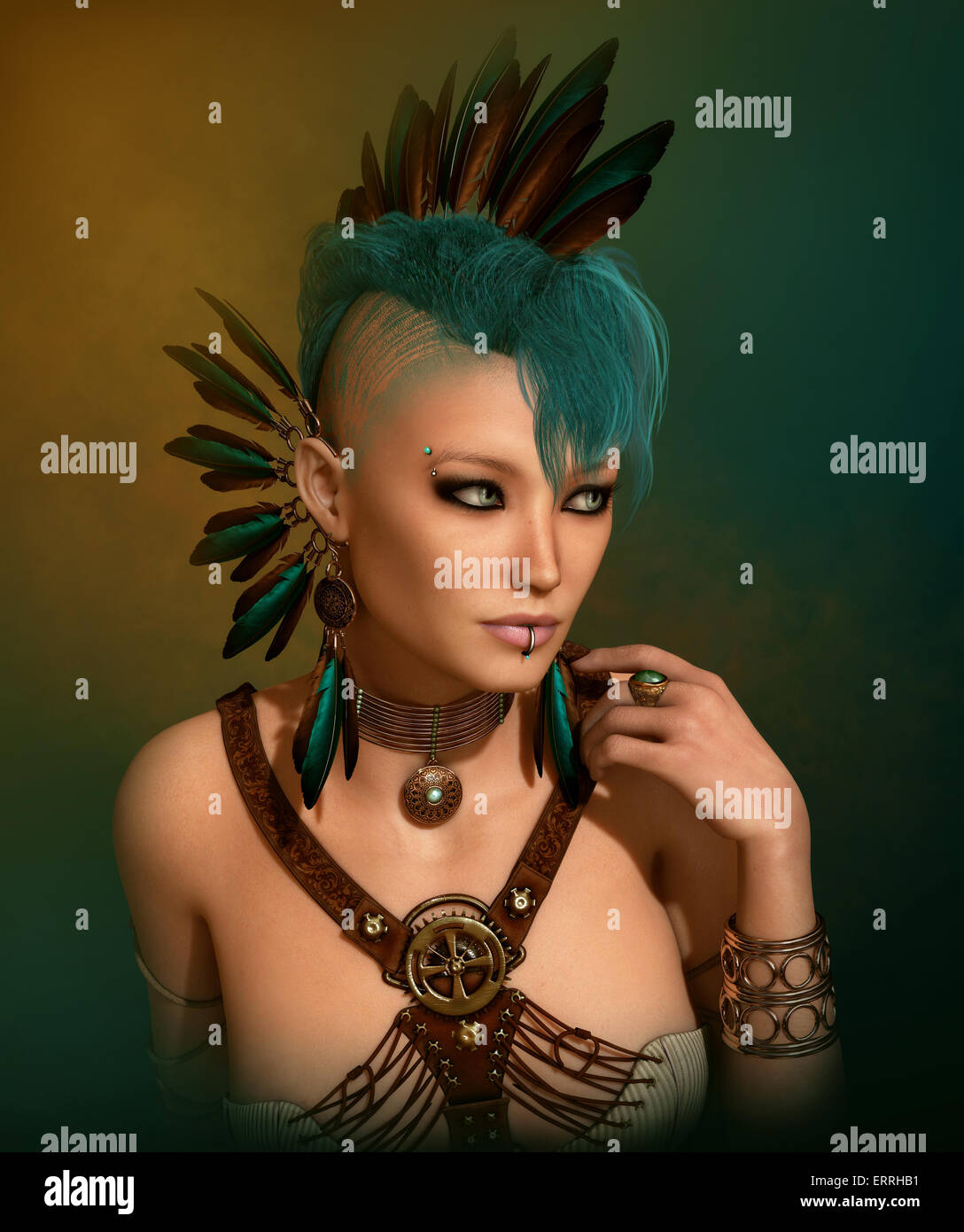 3d computer graphics of a young woman with a Steampunk outfit, feather jewelry and a Mohawk hairstyle Stock Photo