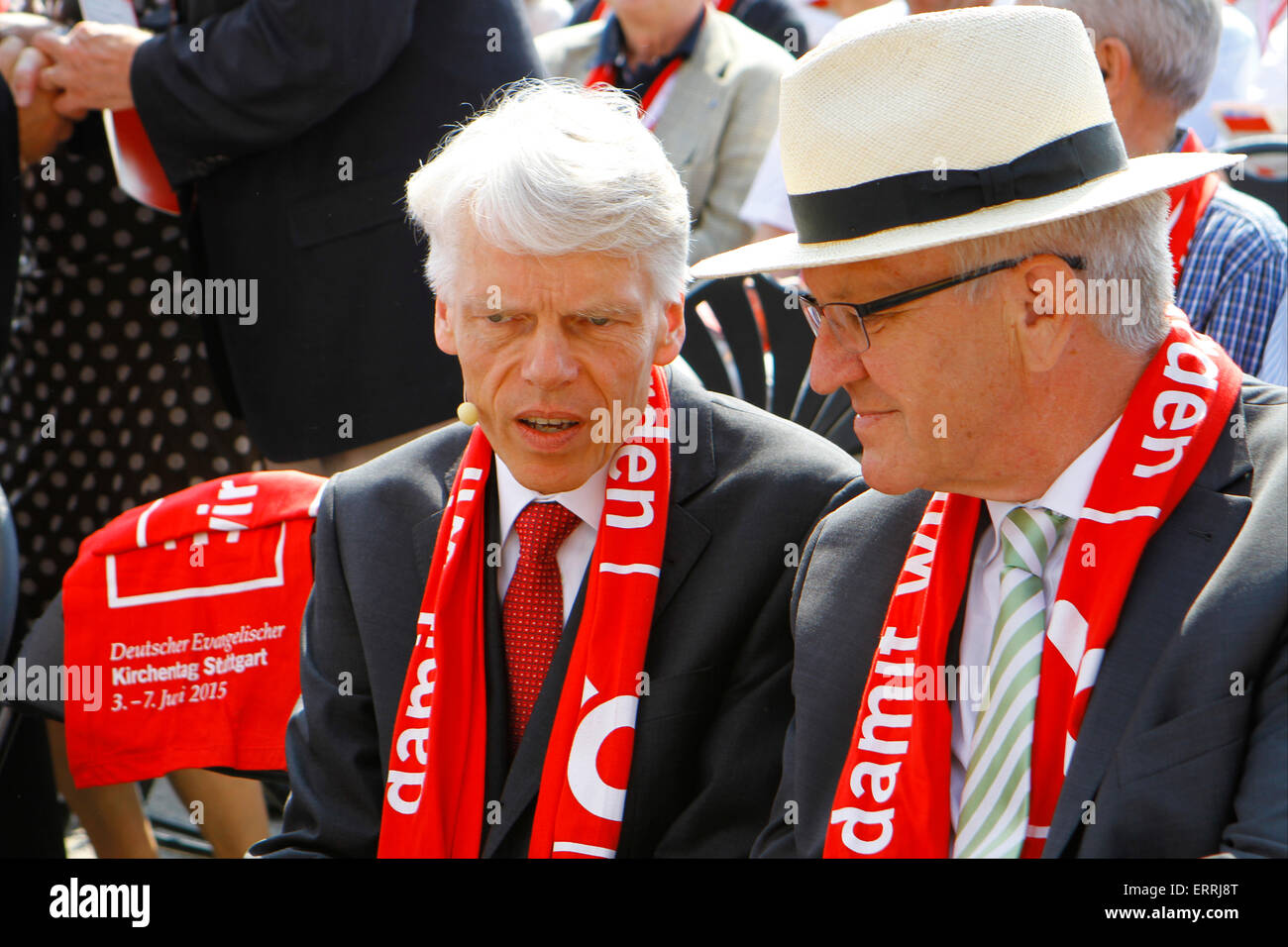 Winfried Kretschmann, the Minister-President of Baden-Württemberg, talks with the President of the German Protestant Church Congress, Andreas Barner, at the closing service of the 35th the German Protestant Church Congress. © Michael Debets/Pacific Press/Alamy Live News Stock Photo