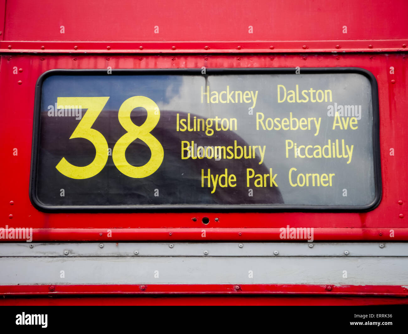 The front sign of a vintage number 38 London Bus identified Stock Photo