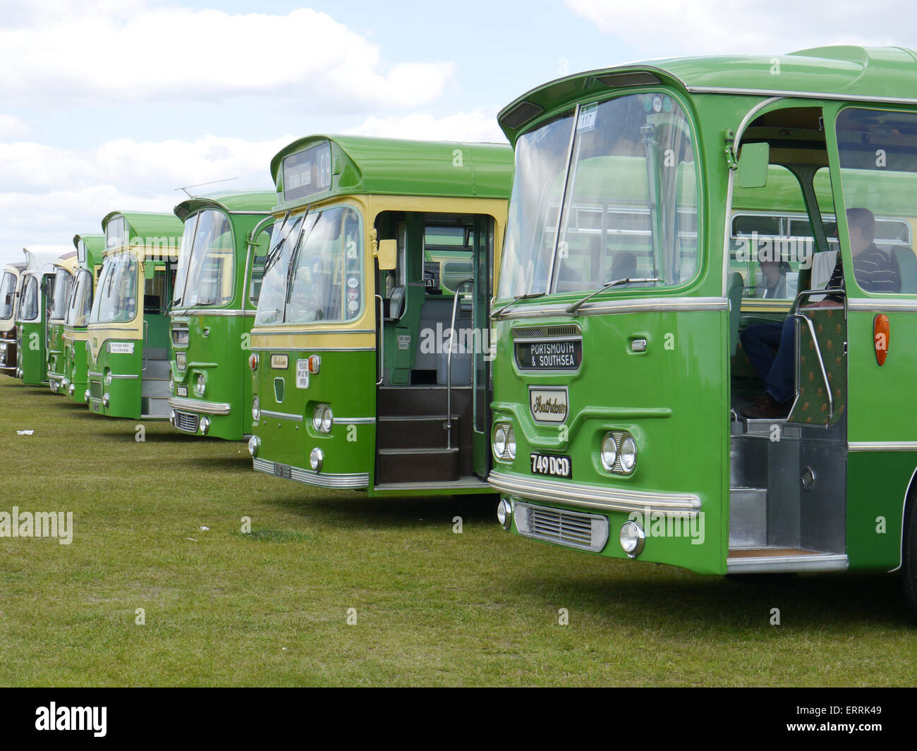 Vintage buses in Southdown livery line up at the Southdown 100 event in Southsea, Portsmouth Stock Photo
