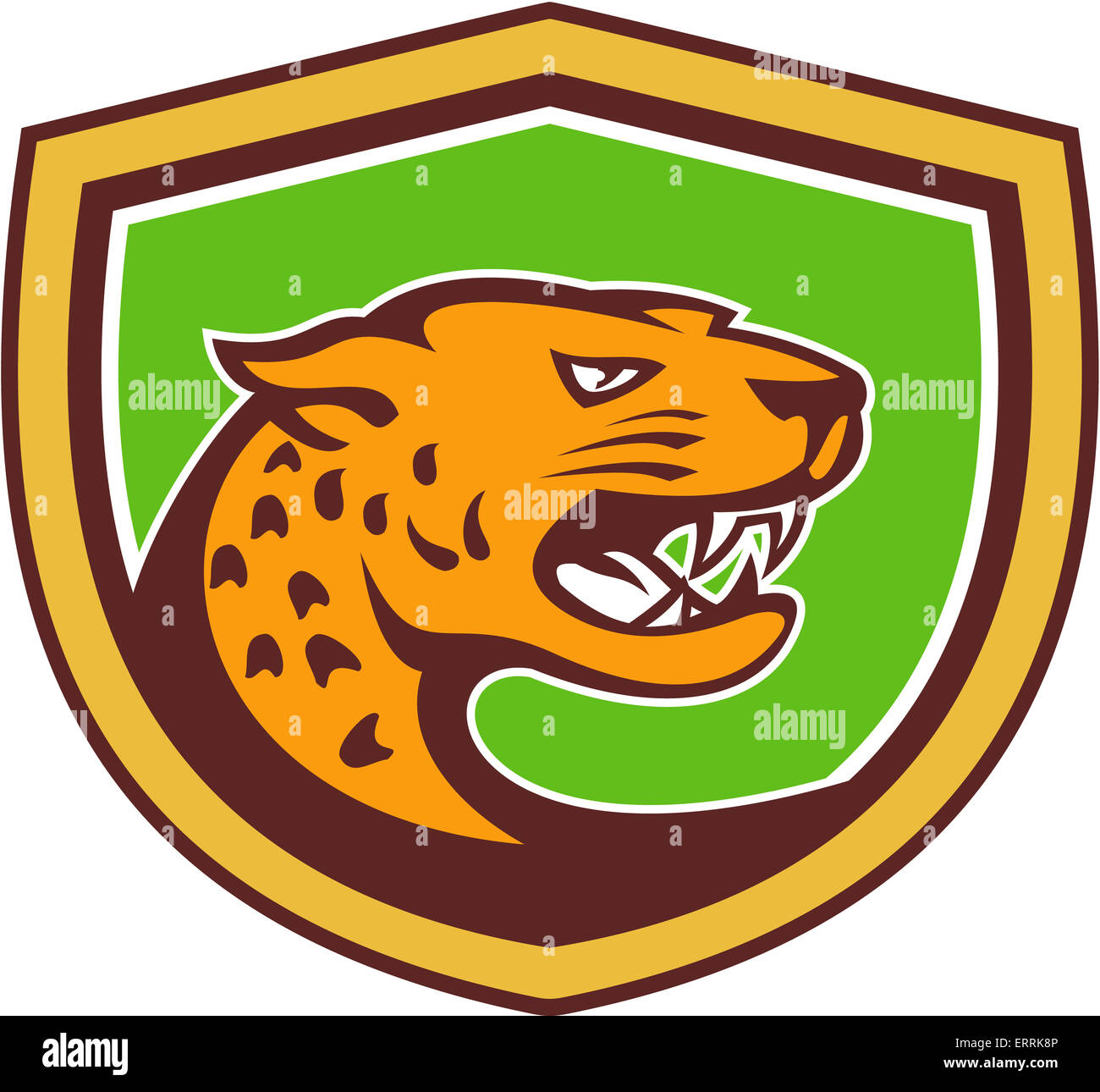 Illustration of a jaguar leopard head facing side growling prowling set inside shield crest on isolated background done in retro Stock Photo