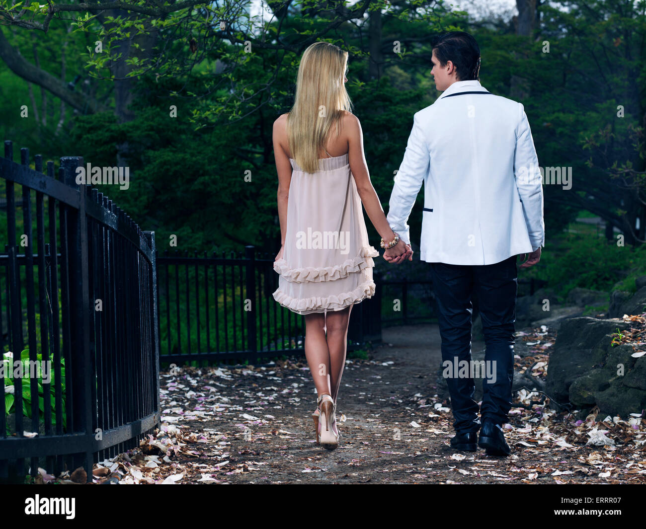 Young romantic couple walking through a park holding hands, rear view ...