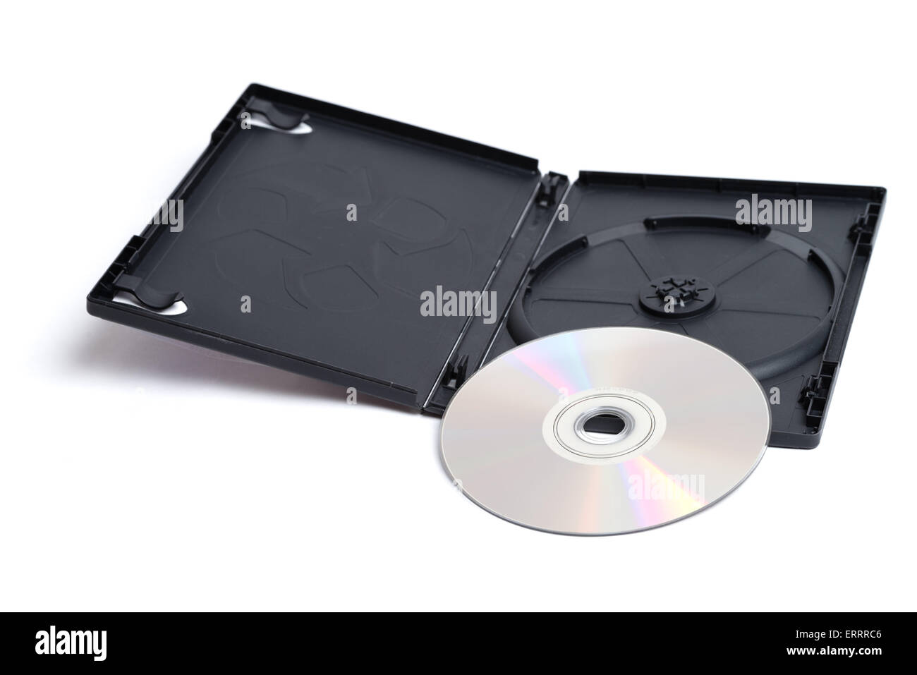 A shiny silver DVD and it's plain black case sitting alone on a white background. Stock Photo