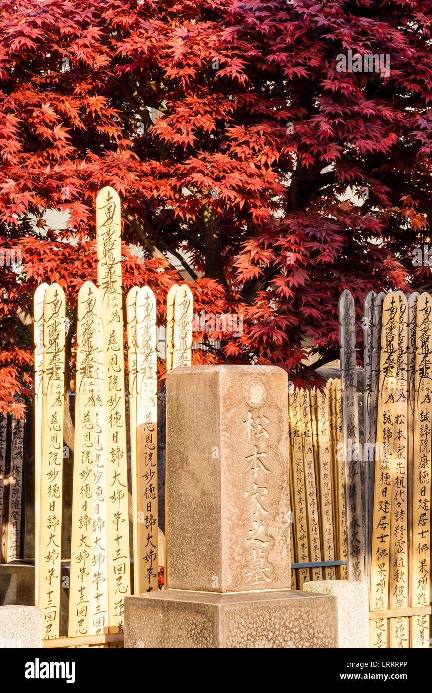Japan, Tokyo. Graveyard, cemetery. Wooden grave marker sticks, sotoba