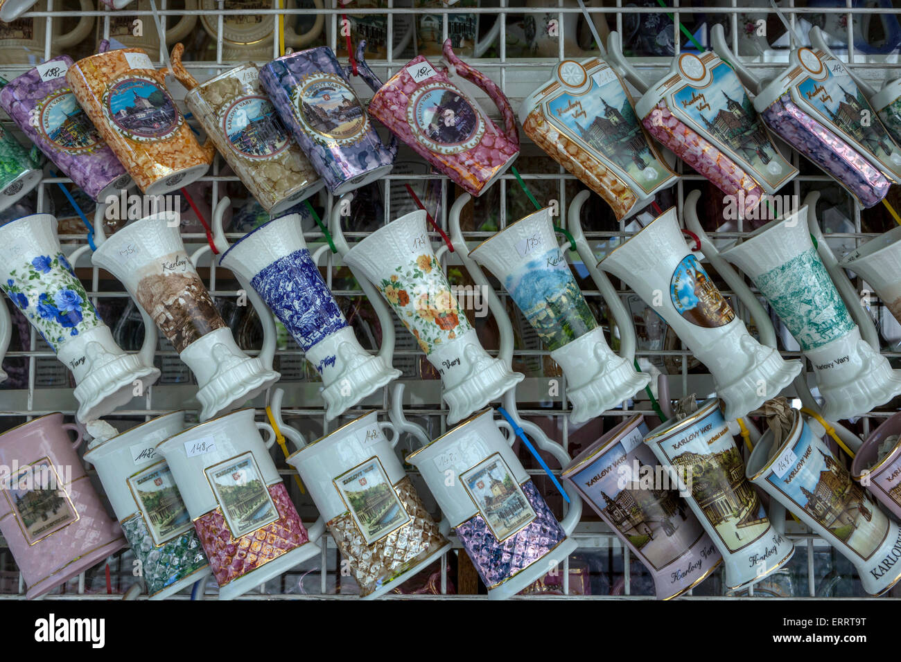 Karlovy Vary drinking cups market stall Czech Republic Stock Photo