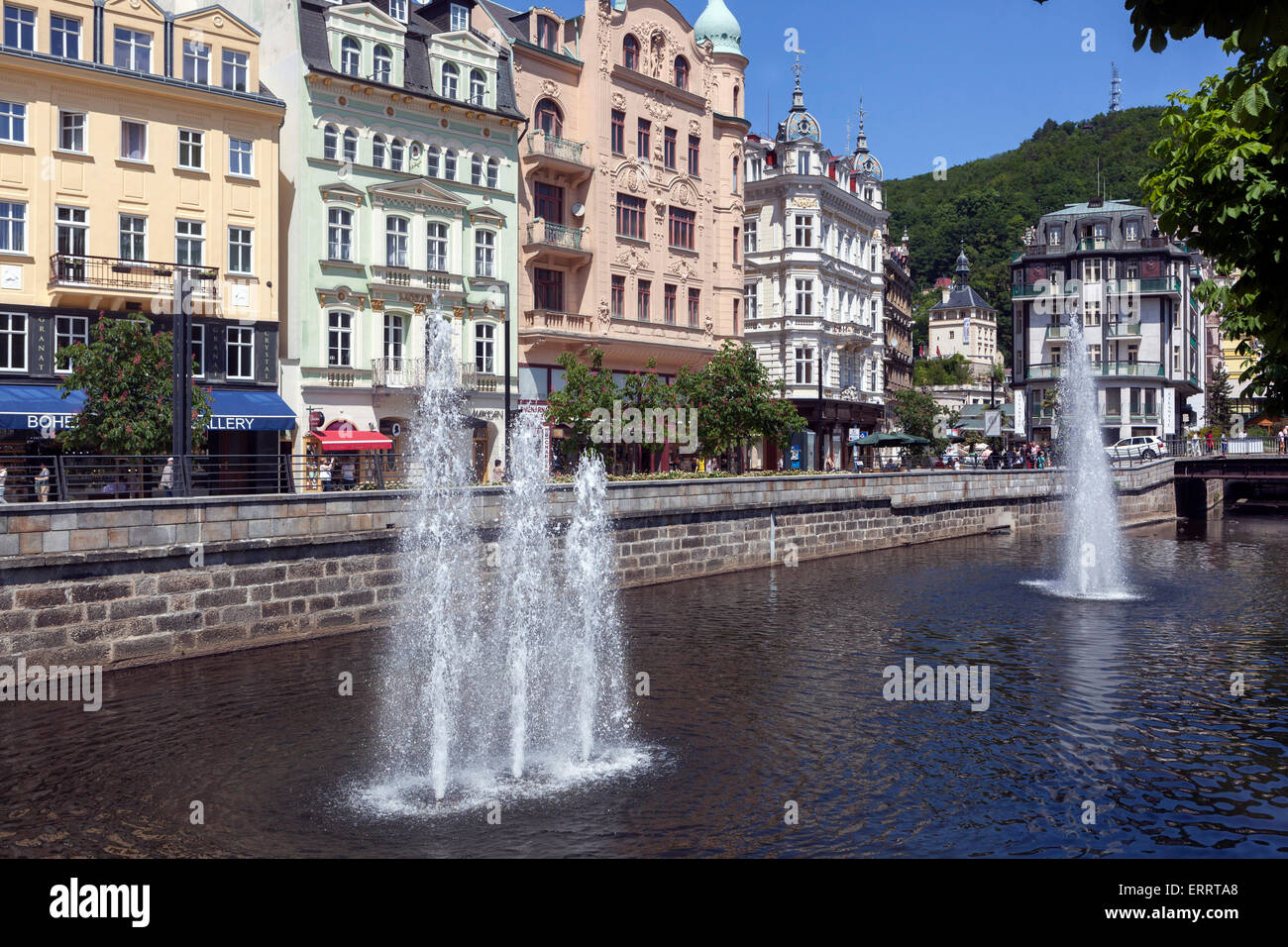 Karlovy Vary Tepla river canal fountains Houses and hotels, Karlovy Vary Czech Republic Stock Photo