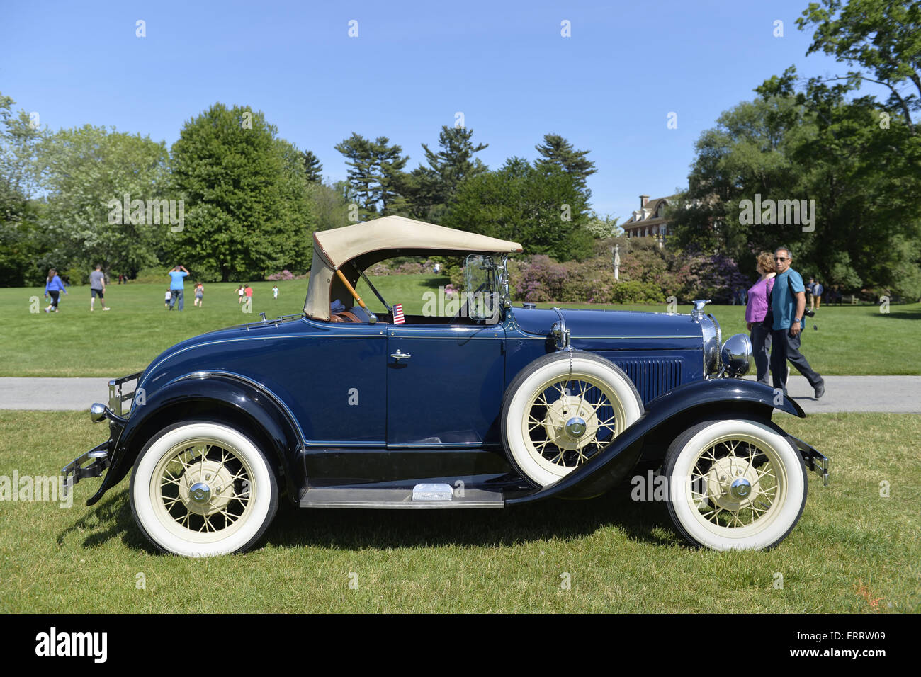 June 7, 2015 - Old Westbury, New York, United States - A blue 1931 Ford Model A roadster with white wall tires, owned by Roger F. Clark of King Park, is shown at the 50th Annual Spring Meet Car Show sponsored by Greater New York Region Antique Automobile Club of America. Over 1,000 antique, classic, and custom cars participated at the popular Long Island vintage car show held at historic Old Westbury Gardens. (Credit Image: © Ann Parry/ZUMA Wire) Stock Photo