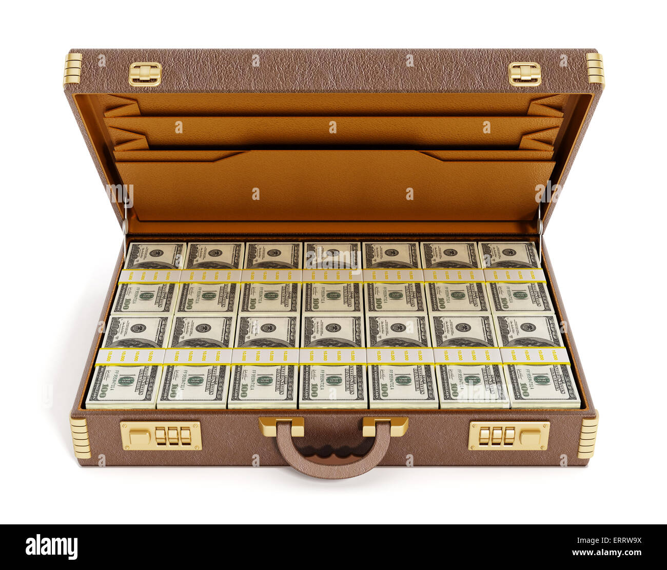Open vintage briefcase full of 100 dollar bills isolated on white background Stock Photo