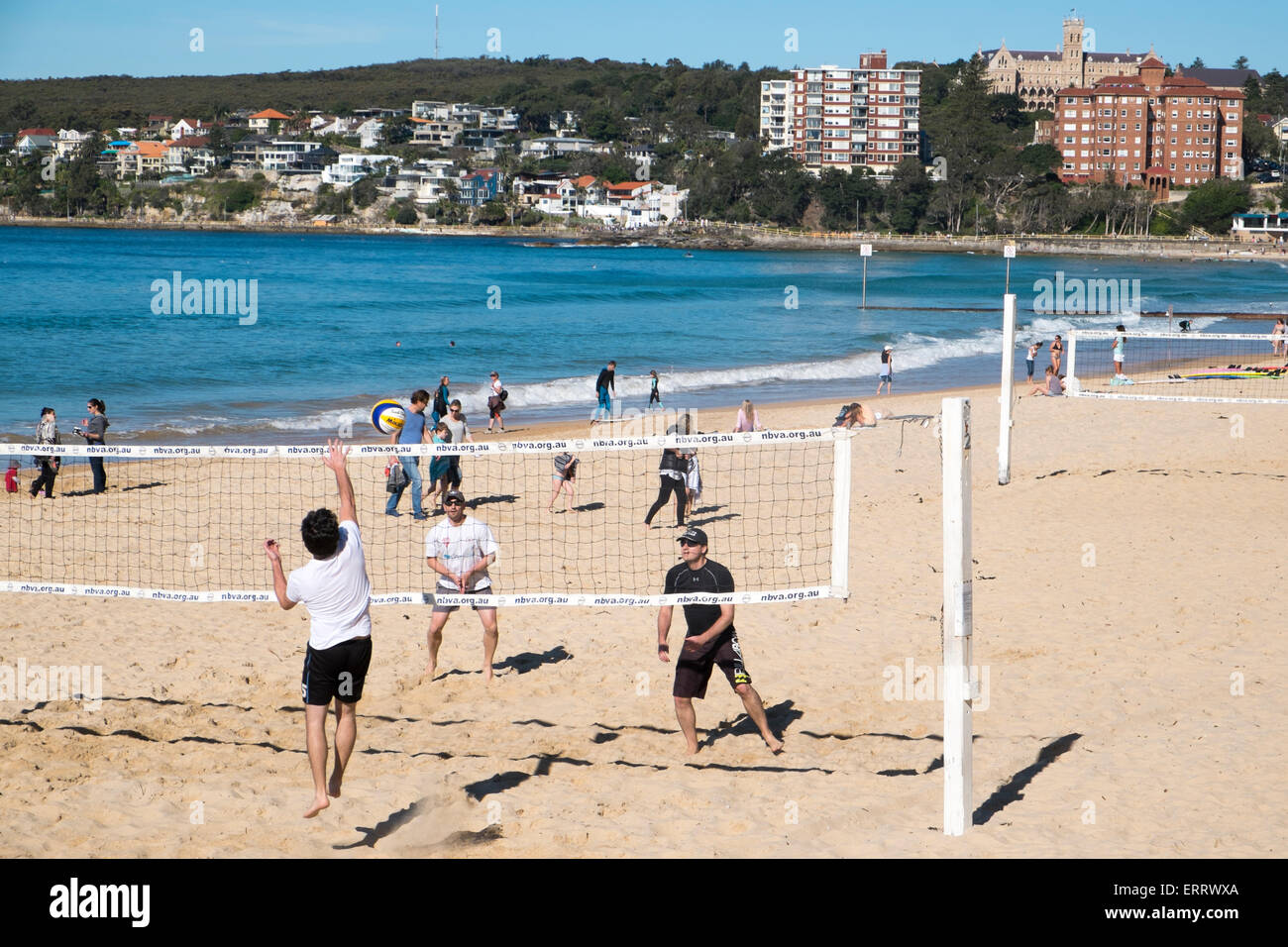 Beach volleyball on Manly beach looking south, in winter, one of sydney's famous northern