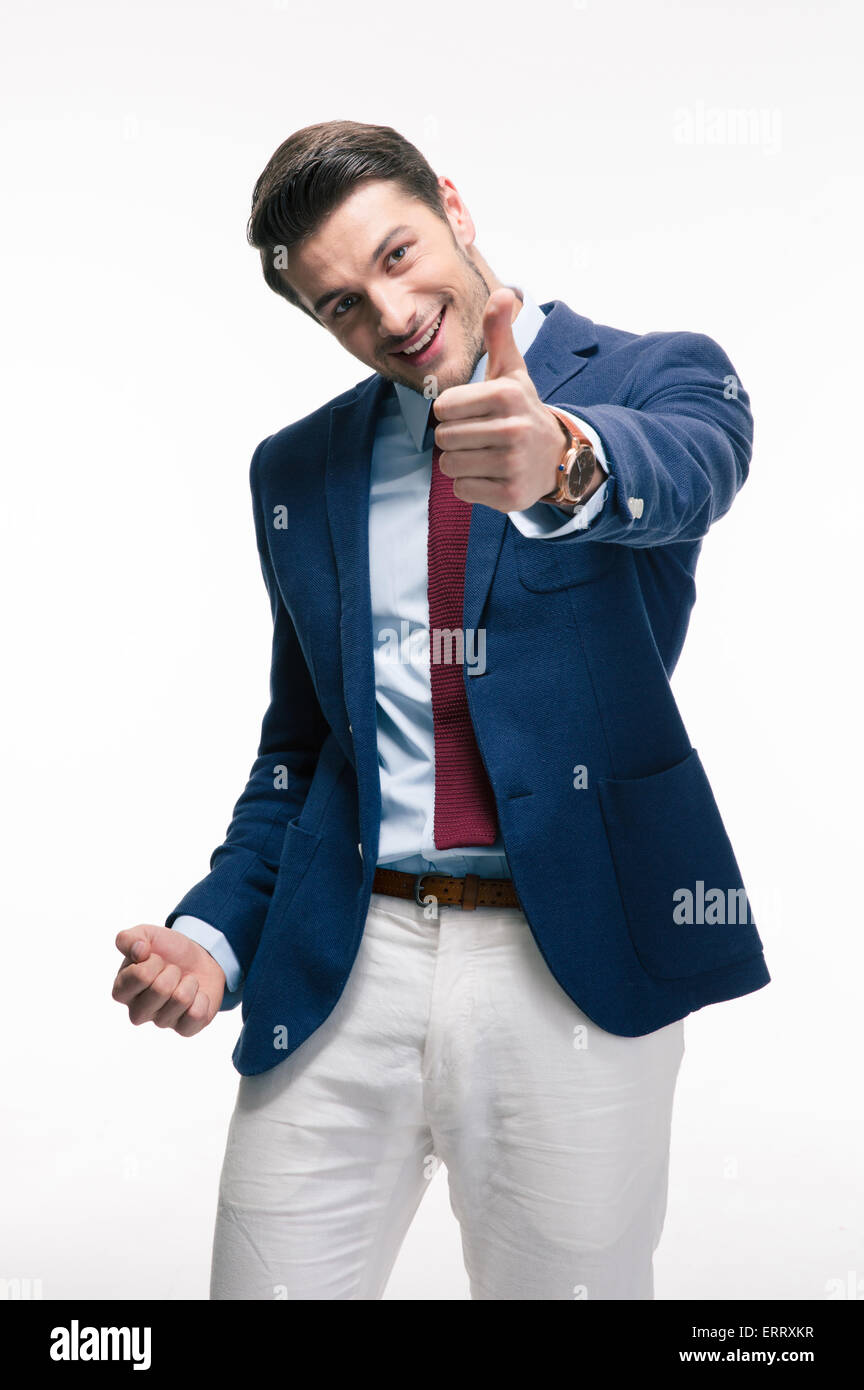 Happy confident businessman showing thumb up sign isolated on a white ...