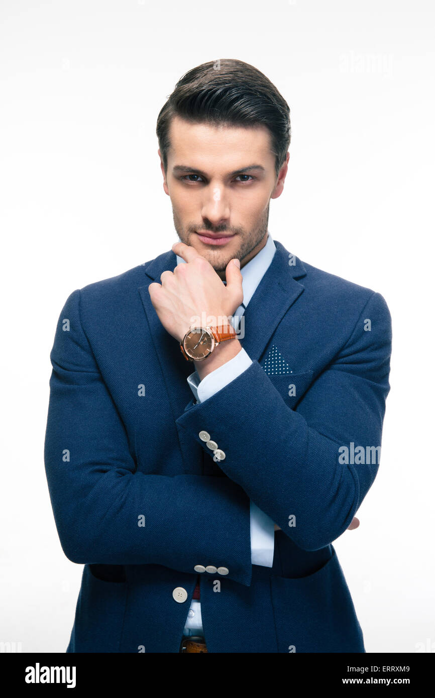 Handsome businessman isolated on a white background. Looking at camera ...