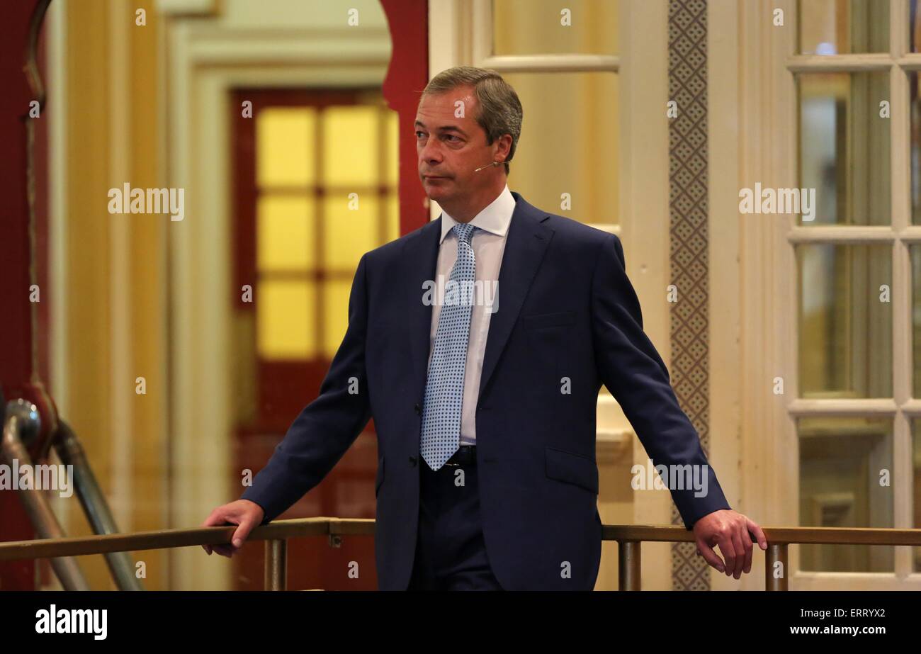 UK Independent Party leader Nigel Farage waits in the wings before speeking to the  UKIP South East Conference 2015 at the Winter Gardens in Eastbourne June 6 2015 Stock Photo