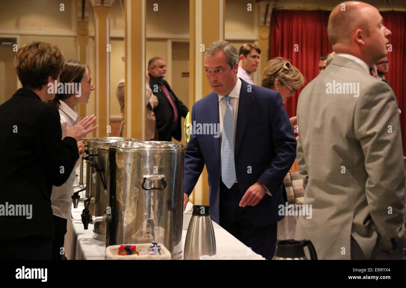 UK Independent Party leader Nigel Farage get himself a cup of tea from the urn UKIP South East Conference 2015 at the Winter Gardens in Eastbourne. June 6 2015 Stock Photo
