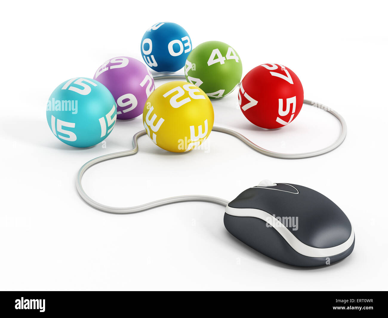 lottery concept with computer mouse connected to lottery balls