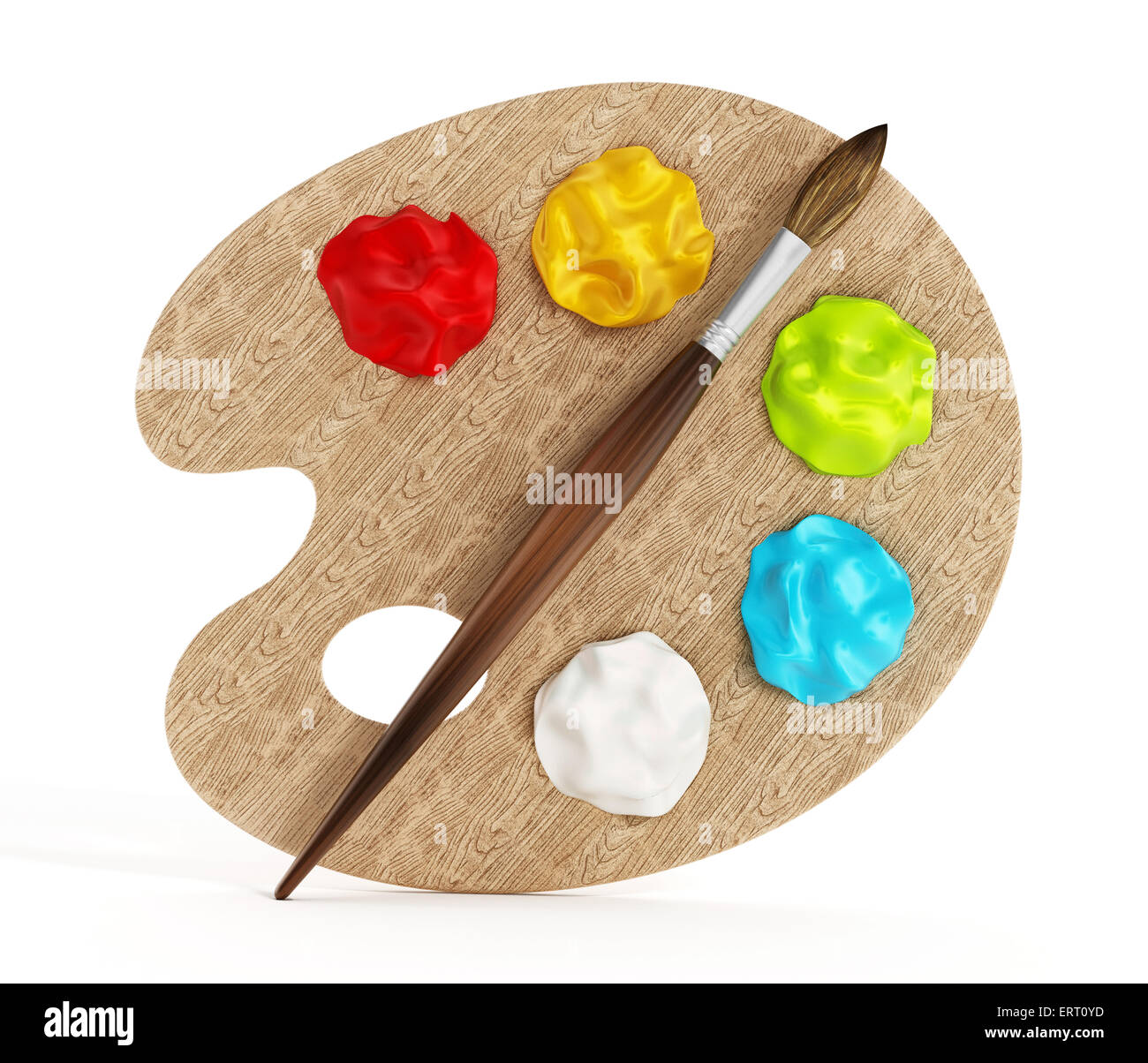 Palette, paints and paintbrush isolated on white background Stock Photo