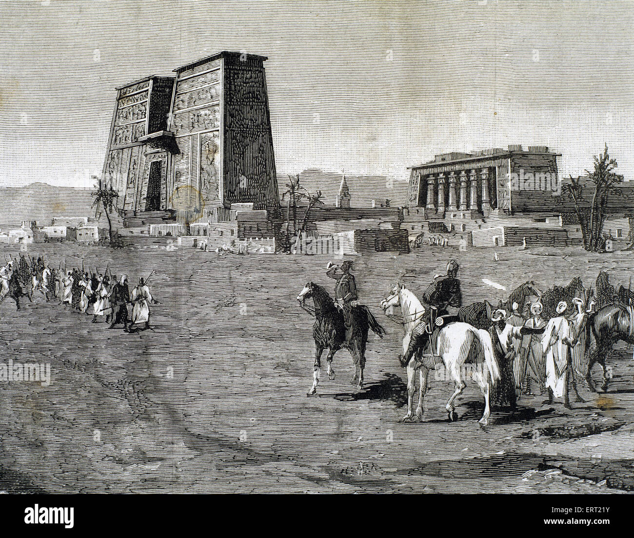 Anglo-Egyptian War (1882). Emissaries of Arabi Pasha recruiting soldiers among the tribes to fight the British army. In the background, the Temple of Edfu. Engraving, 1882. Stock Photo