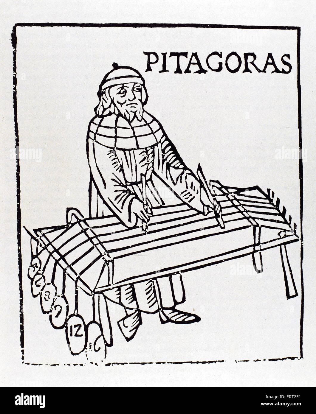 Pythagoras of Samos (570 BC-495 BC). Ionic Greek philosopher and mathematician. Engraving by Theo Gafurius, 1492. Milan, Italy. Stock Photo