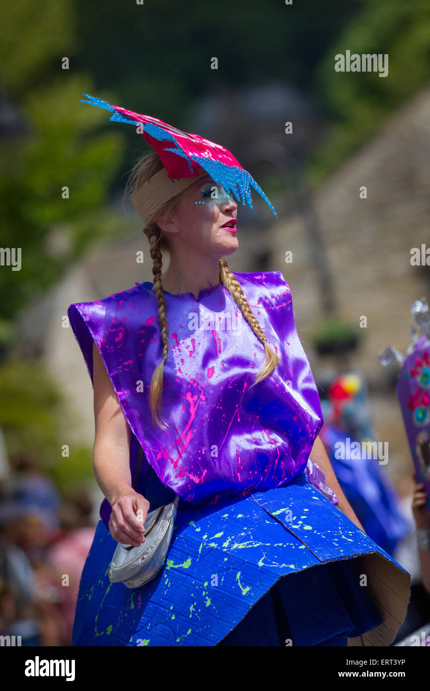 Calderdale, Yorkshire, 7th June, 2015.Fancy dress costumes at Hebden Bridge Festival.  The 8th Hebden Bridge Handmade Parade themed 'Blowing in the Wind', the art of the handmade. A festivals of events with artists and performers who create a stunning event , an occasion for up to 1000 people to dance down the streets of Hebden Bridge, watched by thousands. Stock Photo