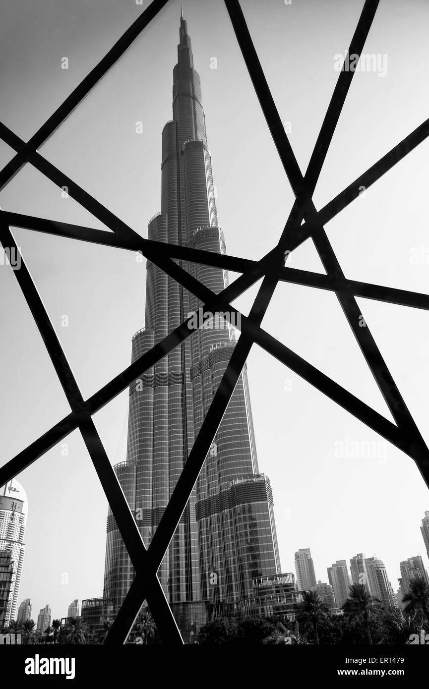 DUBAI, UAE - OCTOBER 22, 2014: The modern steel Burj Khalifa tower with design patterned after traditional Islamic architecture. Stock Photo