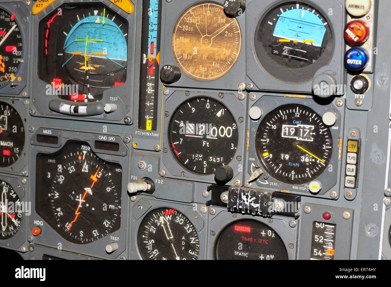 Instruments, dials and buttons inside the prototype cockpit created during the design phase of the Concorde jet. Stock Photo