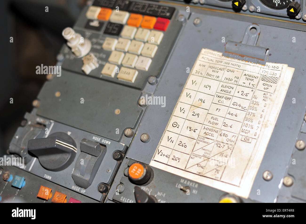 Instruments, dials and buttons inside the prototype cockpit created during the design phase of the Concorde jet. Stock Photo