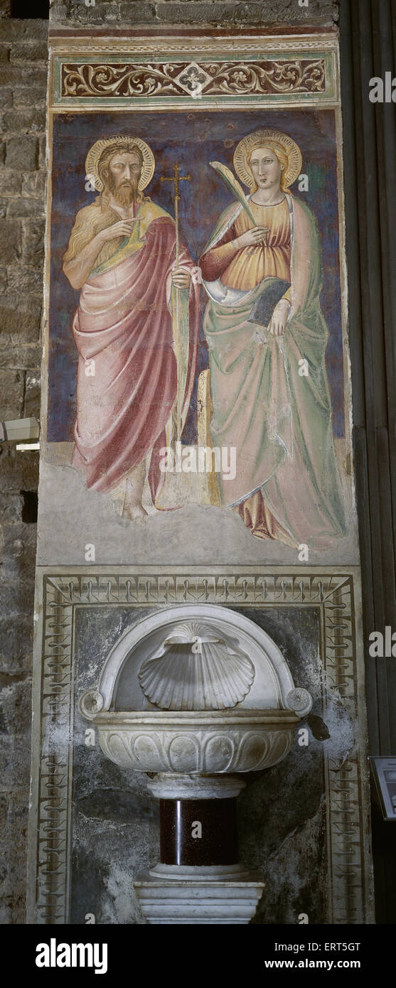Italy. Florence. Wall painting depicting saints and holy water font. 14th-15th century. Basilica of San Miniato al Monte. Stock Photo