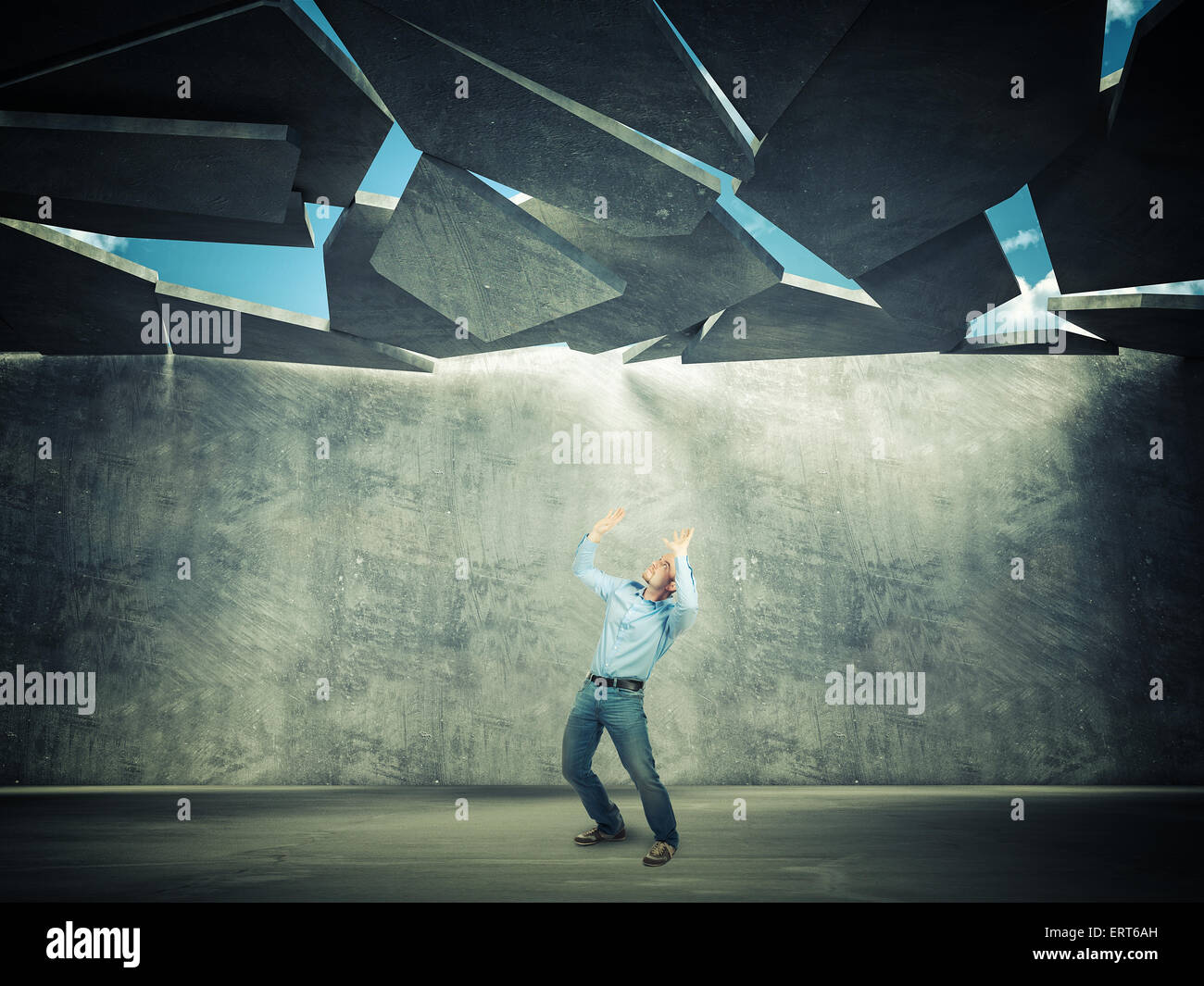 businessman and 3d falling roof Stock Photo